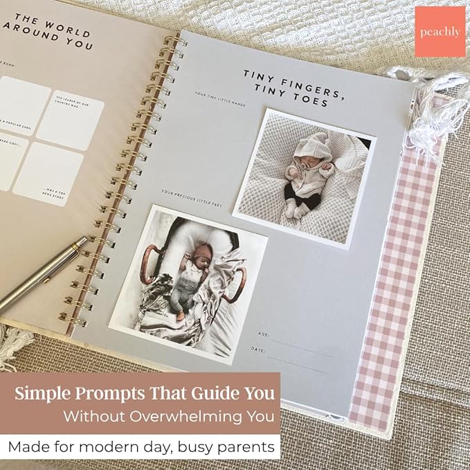 Peachly Unisex Baby Memory Book – Minimalist Baby First Year Keepsake for Milestones, Aesthetic Modern Scandi Baby Book – Gender Neutral, Linen Scrapbook (Charlie)