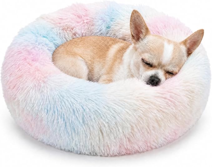 Tiny Dog Bed for Extra Small Dogs for Chihuahua Pomeranian Toy Poodle | 15 Inch Washable Puppy Bed,Soft Faux Fur Calming Donut Bed,Rainbow
