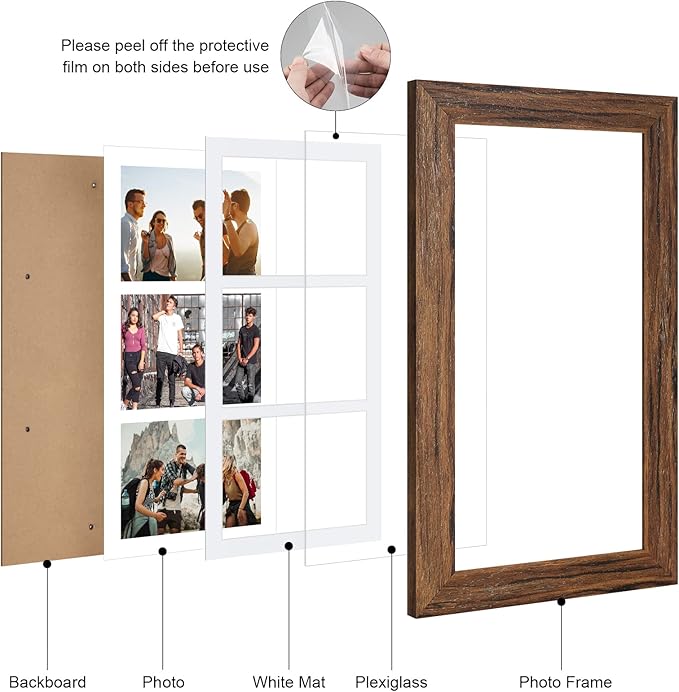 8x16 Picture Frame Display 3 opening Picture Frame 5x7 Collage,Multi Photo Frame with Mat,Plexiglass,Horizontal and Vertical Formats for Wall Decor,Carbonized Brown Wood Grain