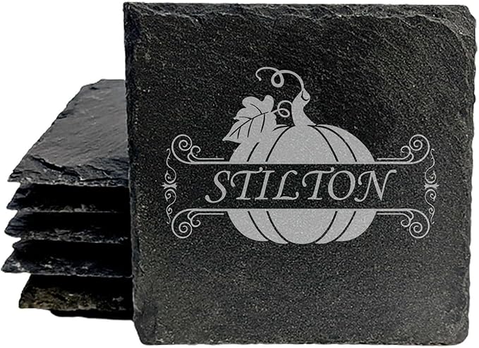 Personalized Monogram Family Coasters, Natural Stone Set, Birthday, Wedding, Customized, Rustic - Square Slate - Set of 8