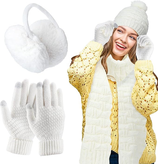 JenPen 4 Pcs Winter Hat Scarf and Gloves Set for Women Include Ear Cover Cold Weather Scarf Hat Knit Beanie Gloves