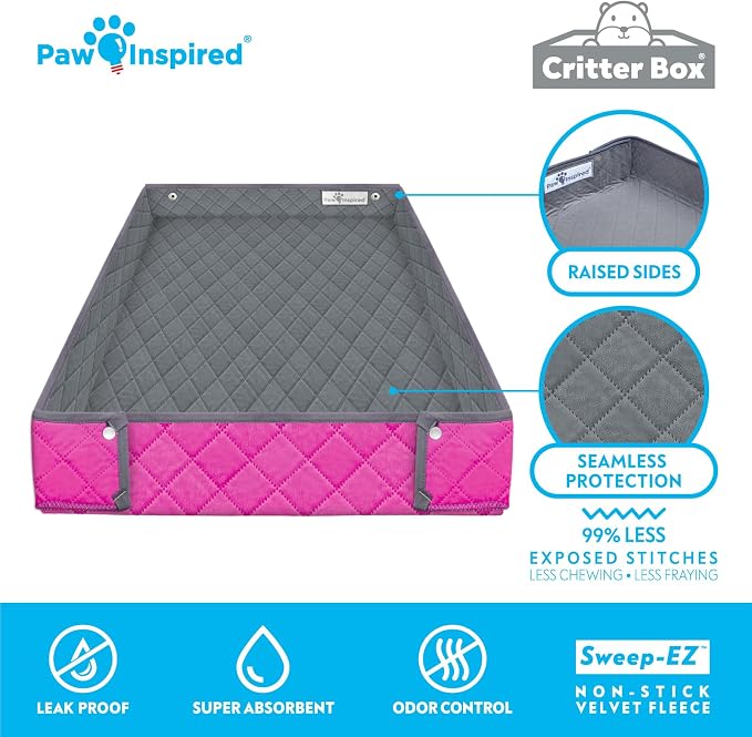 Paw Inspired Reversible Critter Box, C&C 2x4 (14-Inch Grids), Gray/Pink | Washable Fleece Cage Liner, Raised Sides, Bedding for Guinea Pigs Rabbits, Hamsters, Small Animals, Edge Protected Pee Pads