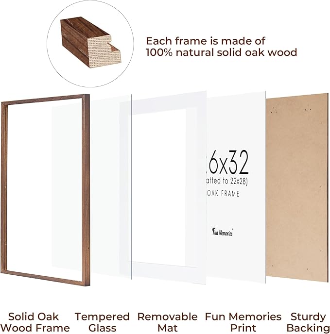 Oak Wood Frame 26x32 with Tempered Real Glass and Mat for 22x28 (Walnut Color, 1 Pack)