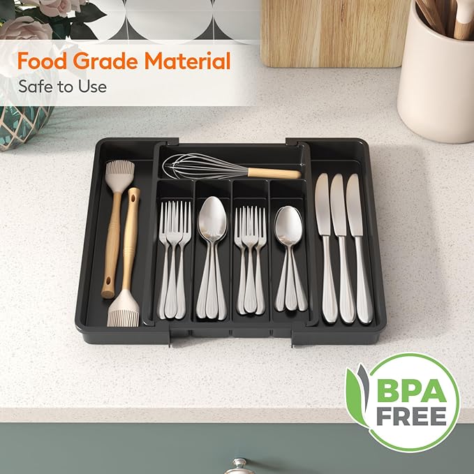 Lifewit Silverware Drawer Organizer, Expandable Utensil Tray for Kitchen, BPA Free Flatware and Cutlery Holder, Adjustable Plastic Storage for Spoons Forks Knives, 8.5-14 x 12", Black