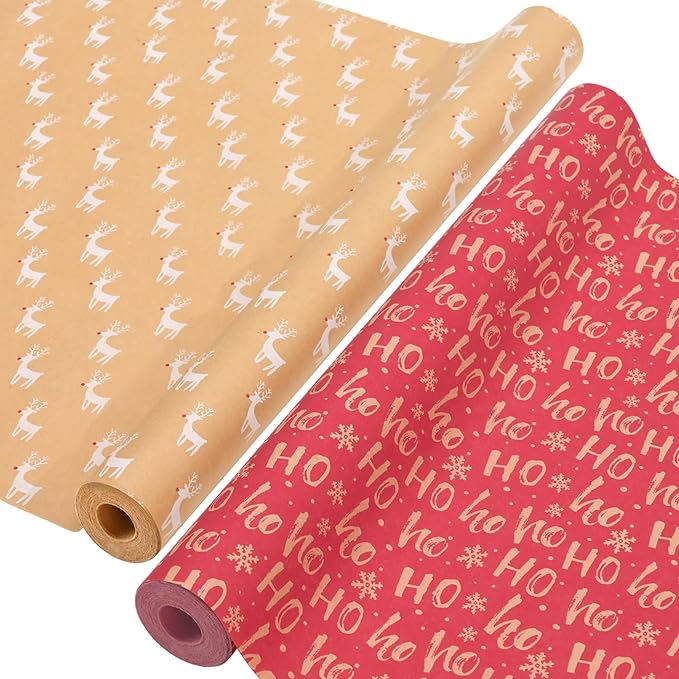 AhfuLife 2 Rolls Christmas Wrapping Paper - 17 Inch × 49.2 Feet Per Roll, Recyclable Red Brown Kraft Xmas Wrapping Paper Roll for Kids Christmas Gift Box Birthday Party Decoration -138 sq. ft. ttl