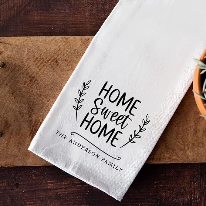 Andaz Press Personalized Kitchen Towel, Flour Sack Tea Towel, Home Sweet Home Custom Family Name Kitchen Gifts Birthday for Mom Daughter Grandma, Housewarming Gift for Couples