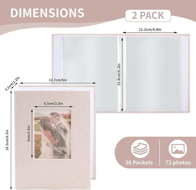 vivinin 2 Pack Photo Album 4x6, Linen Cover Photo Book, Small Photo Album Book for 36 Pockets Hold 72 Pictures, Picture Book for Photos Family Anniversaries Baby Vacations (Off-White)