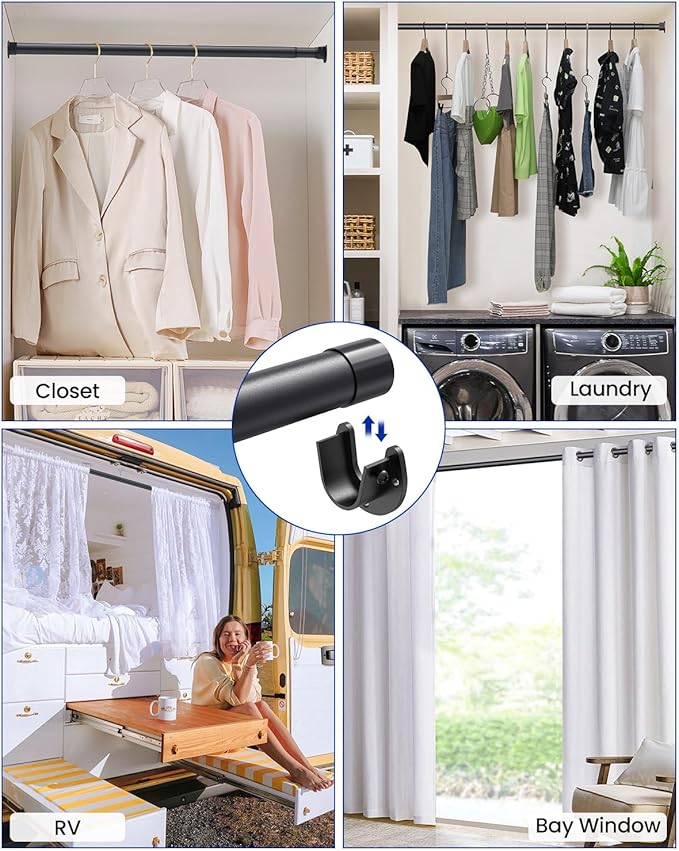 Closet Rods for Hanging Clothes, 17 to 159 Inches Stepless Adjustable Metal Closet Rod, 1.3 Inches Heavy Duty Clothes Hanging Rod for Closet Wardrobes Laundry RV, Black