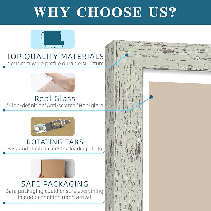 8x10 Picture Frame Set of 4, Made of Real Glass and Sage Green Wooden Frame, 8 by 10 Photo for Wall or Tabletop - Display Picture 5x7 with Mat or 8x10 Without Mat
