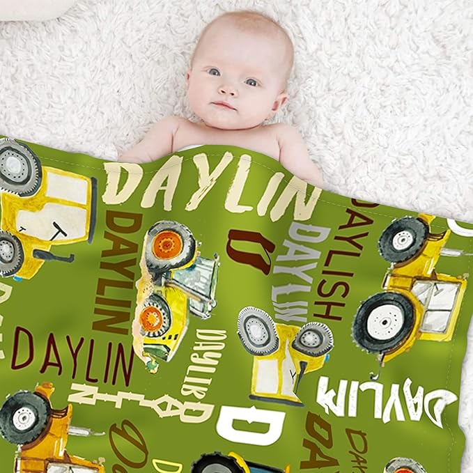 Personalized Tractors Blanket - Custom Name with Farm Tractor Trucks Design - Soft Plush Flannel Bed Blanket for Baby Kid Teen Boys Girls Customized Gifts Olive Green & Yellow