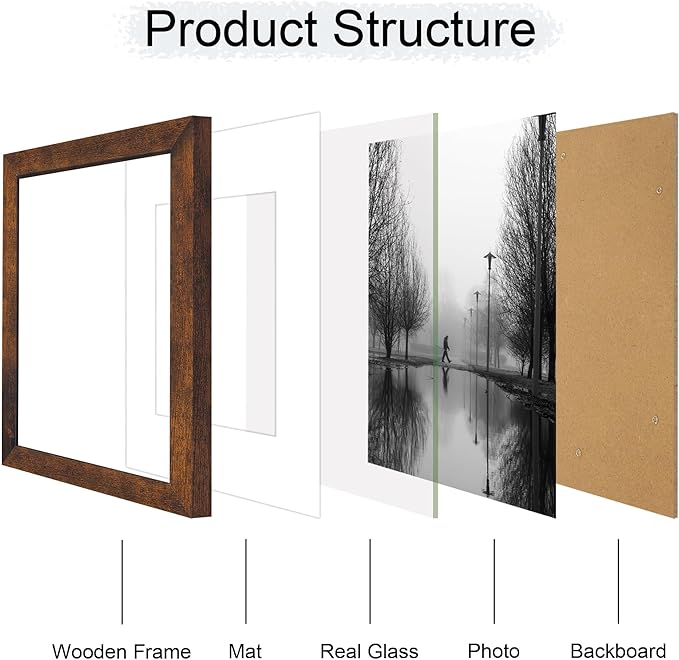 iRahmen 9x12 Picture Frame Set of 4 with Tempered Glass, Wooden Rustic Frame Display 6x8 Pictures with Mat or 9 x 12 Without Mat, Photo Frame for Wall Mount and Tabletop Display