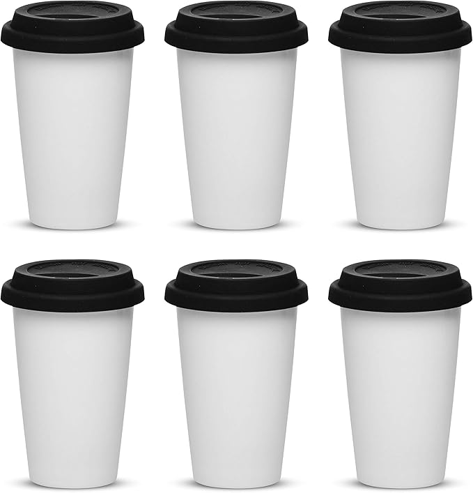 DISCOUNT PROMOS 11 oz. Double Wall Ceramic Tumblers with Lid - 6 Pack - Black