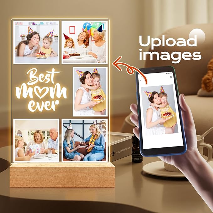 Custom Picture Frames with Photos, Personalized Photo Frame with Night Light, Custom Best Mom Ever Gifts, Personalized Birthday Gifts for Mom, Baby, Kid, Family