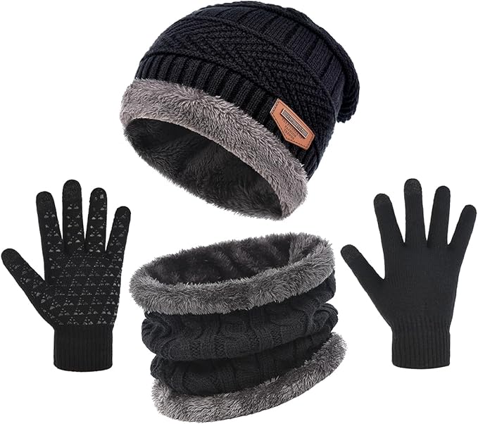Winter Beanie Hat Scarf Glove Set for Women Snow Knit Thick Fleece Lined Ski Hat,Mens Warm Neck Warmer Touchscreen Mittens