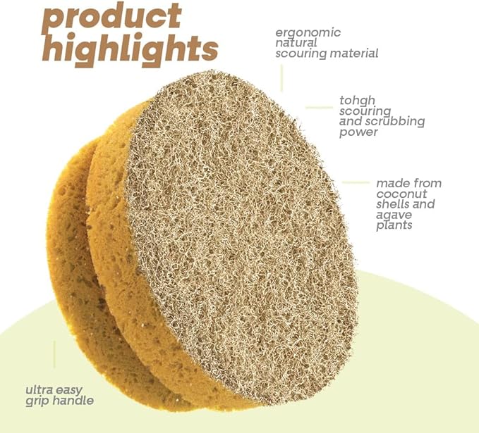 SCRUBIT Natural Scouring Pads, Eco Friendly Scrubbing Sponges for Kitchen Cleaning and Dishes, Non-Scratch Dish Scrubber with Easy-Grip Sponge Handle - Biodegradable - 2 Pack