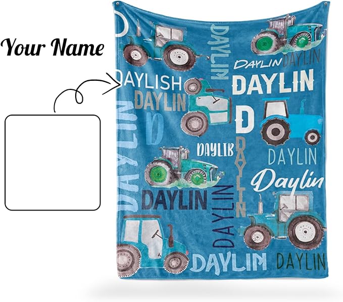 Personalized Tractors Blanket - Custom Name with Farm Tractor Trucks Design - Soft Plush Flannel Bed Blanket for Baby Kid Teen Boys Girls Customized Gifts Blue