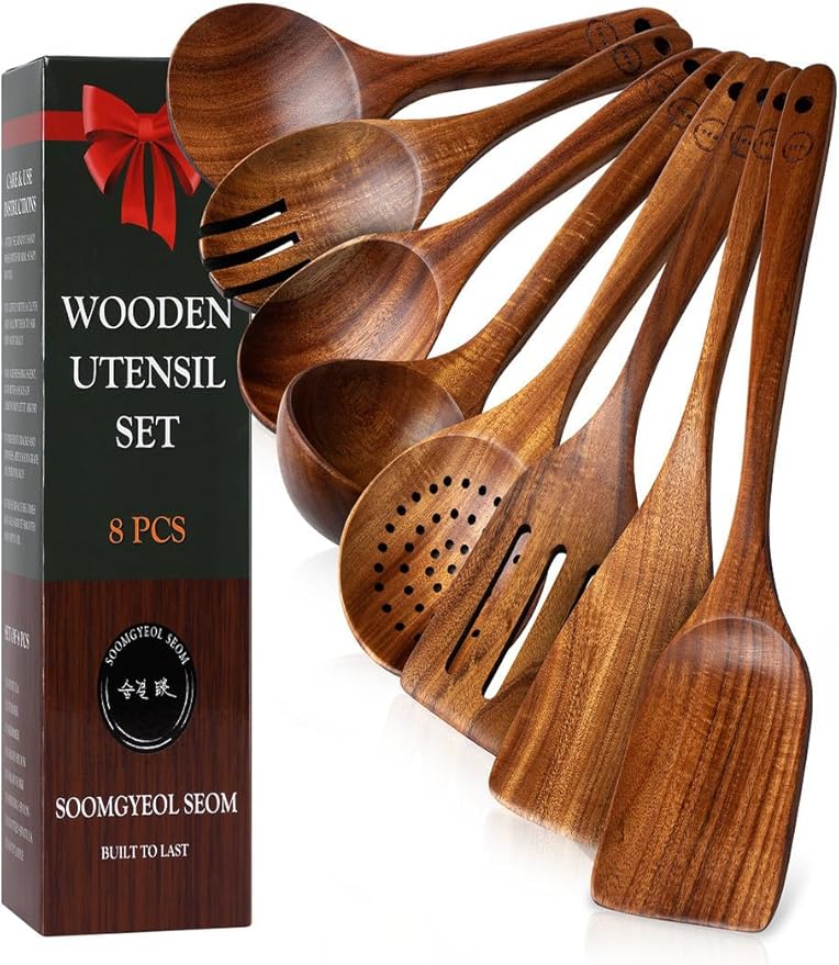 100% Natural Teak Wood Wooden Utensil Set – 8 Pcs Durable Kitchen Spoons for Cooking – Non-Stick & Heat Resistant, Eco-Friendly & Comfortable Grip