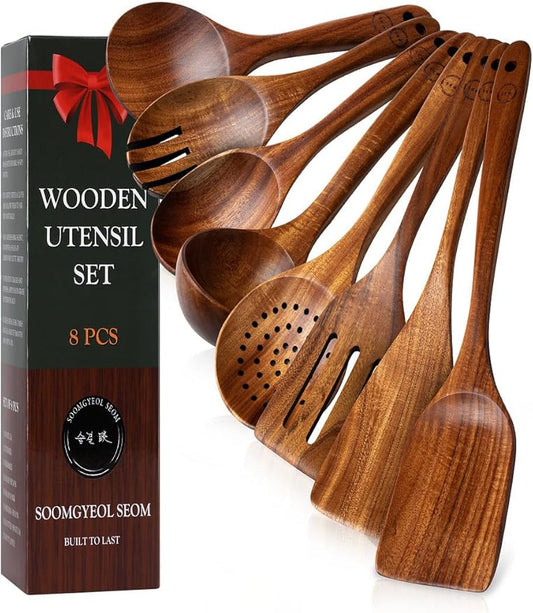 100% Natural Teak Wood Wooden Utensil Set – 8 Pcs Durable Kitchen Spoons for Cooking – Non-Stick & Heat Resistant, Eco-Friendly & Comfortable Grip