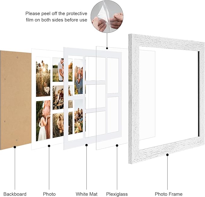 13.5x15.5 Picture Frame Display 7 opening 4X6 Picture Frame Collage,Multi Photo Frame with Mat,Plexiglass,Wall Hanging Decor,Distressed White Wood Grain