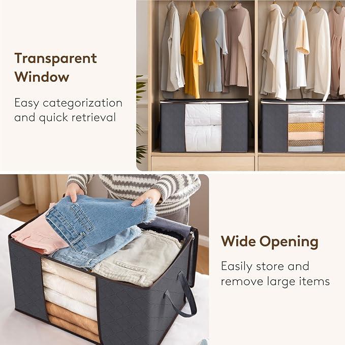 Lifewit 30 Pack 60L Clothes Storage Bins with Lids, Foldable Blanket Storage Bags with Zippers, Clear Window and Reinforced Handles, Closet and Organization for Clothing, Sweater, Comforter, Bedding