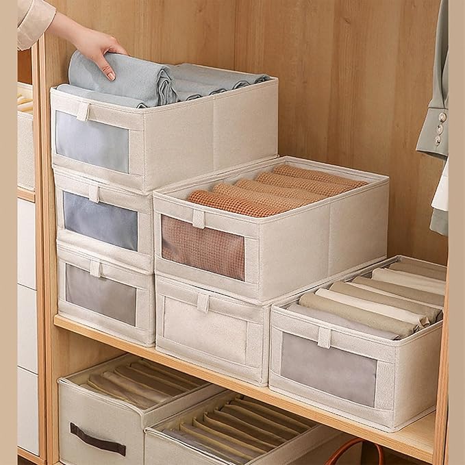 Linen Closet Organizers And Storage, 4 Pack Storage Bins Baskets for Organization Foldable Organizer with Clear Window Organizing Clothing, Jeans, Shelves