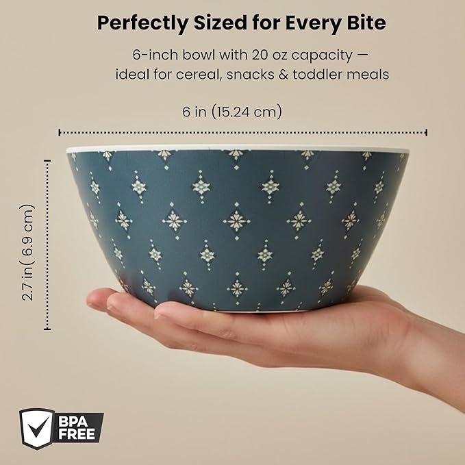 Bamboo Bowl Set of 4 – 6 Inch 20 oz Durable Deep Cereal and Snack Dishware for Kids and Toddlers – BPA Free, Dishwasher Safe, Lightweight Alternative to Plastic or Ceramic (Emerald Design)