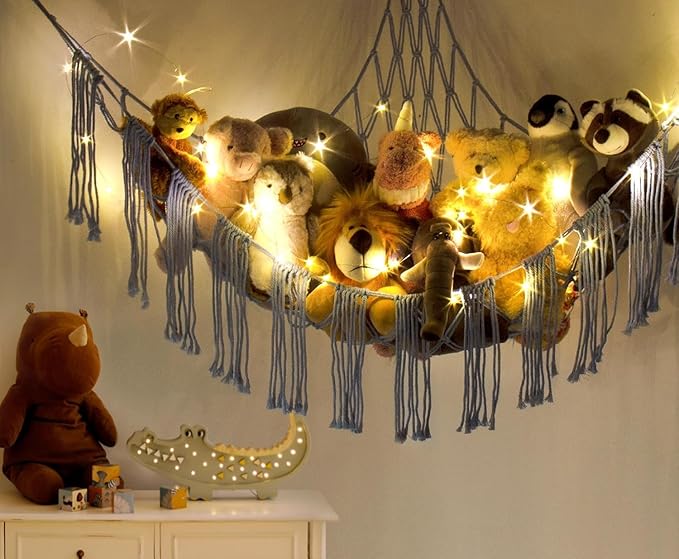 RelaxScene Stuffed Animal Storage Hammock Corner X-Large with LED Light - Baby Hammock Hanging Holder Plushies Net for Stuff Animals Organizer - Cute Room Decor Aesthetic Kids Toddler Nursery Bedroom