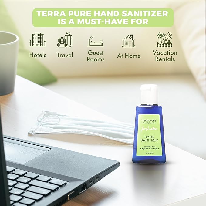 Terra Pure Hotel Hand Sanitizer Gel | Mini Hand Sanitizer Bulk | Alcohol-Free with Organic Aloe Vera | 1oz Bottles