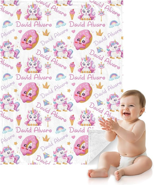 Ship Next Day Personalized Baby Blanket, Printed in USA - Custom Name Toddler Blanket with Rainbow Horse Pattern, Personalized