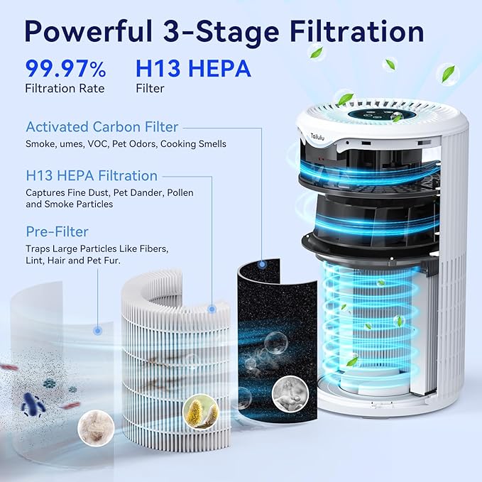 Air Purifiers for Home Large Room Up to 1500 Sq Ft, Tailulu H13 HEPA Air Filter Cleaner, Smoke Dust Pollen, 15dB Sleep Mode Air Purifiers for Bedroom Living Room, Kitchen, Office