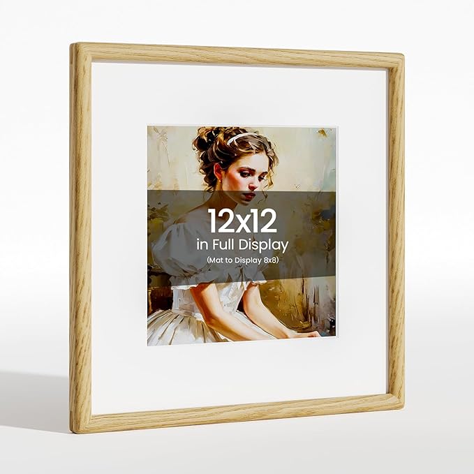 12x12 Picture Frame Natural Oak Wood From California-USA with Real Tempered Glass, Handcrafted 12x12 Photo Frame Matted to 8x8 Wedding Photo,Family Picture,Graduation Picture Display on Table & Wall