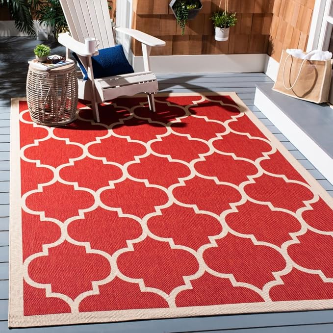 SAFAVIEH Washable Rug Outdoor Courtyard Collection - 6'7" Square, Red & Bone, Non-Shedding & Easy Cleaning, Ideal for Patio, Backyard, Mudroom (CY6914-248)