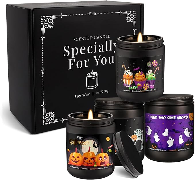 4 Pack 8Oz Halloween Scented Candles for Home Scented Aromatherapy Candles, Soy Wax Autumn Candle Gift Set for Women Men，Home Decoration，Themed Party Decor