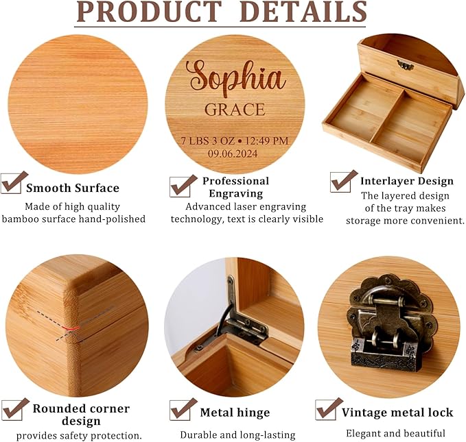 Large Personalized Baby Keepsake Box, Bamboo 13.8x10x7.1 inches Memory Box for Keepsakes Custom Engraved Wooden Newborn Gift Box with Lid, Baby Shower Gifts for Boys Girls Keepsake Chest