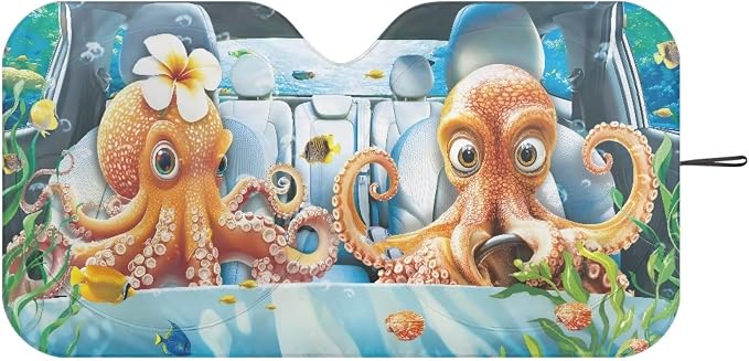 Octopus Print Car Front Windshield Sun Shade Foldable Funny Cute Window Sun Visor UV Rays & Heat Protection Reflector Sunshade Offers Protection for Car Interior for Pickup Truck SUV