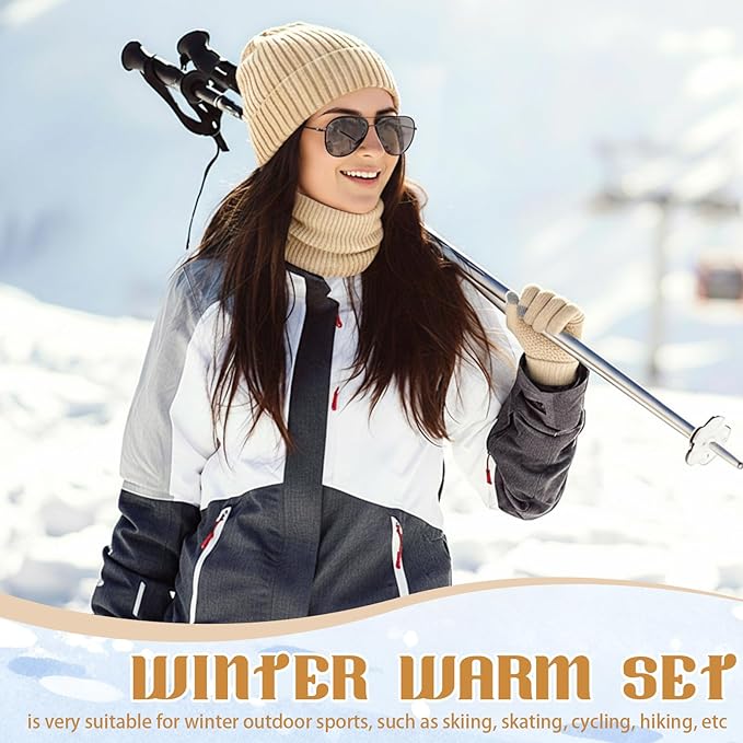 SATINIOR 5 Pcs Winter Beanie Hat Scarf Gloves Set Fleece Lined Knit Hat Warm Touch Screen Gloves Earmuff Warmer for Women(Beige,Fashion Style)