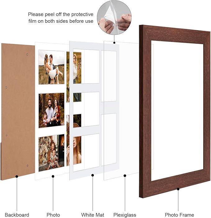 11x14 Picture Frame Display 5 opening 4X6 Picture Frame Collage,Multi Photo Frame with Mat,Plexiglass,Wall or Tabletop Decor,Walnut Wood Grain