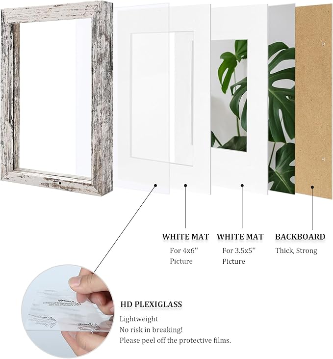 Egofine 4x6 Picture Frames Set of 4, Made of Solid Wood Covered by Plexiglass 3.5x5 with Mat or 4x6 without Mat, for Table Top Display and Wall Mounting Photo Frame Rustic White