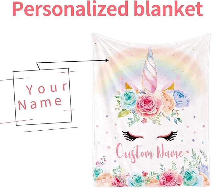 Personalized Unicorn Blanket Name Girl, Custom Name Blanket Kids, Soft Flannel Pink Unicorn Toddler Blanket Customized Gift Birthday Christmas Baby Shower Newborn Gift 30''x40''