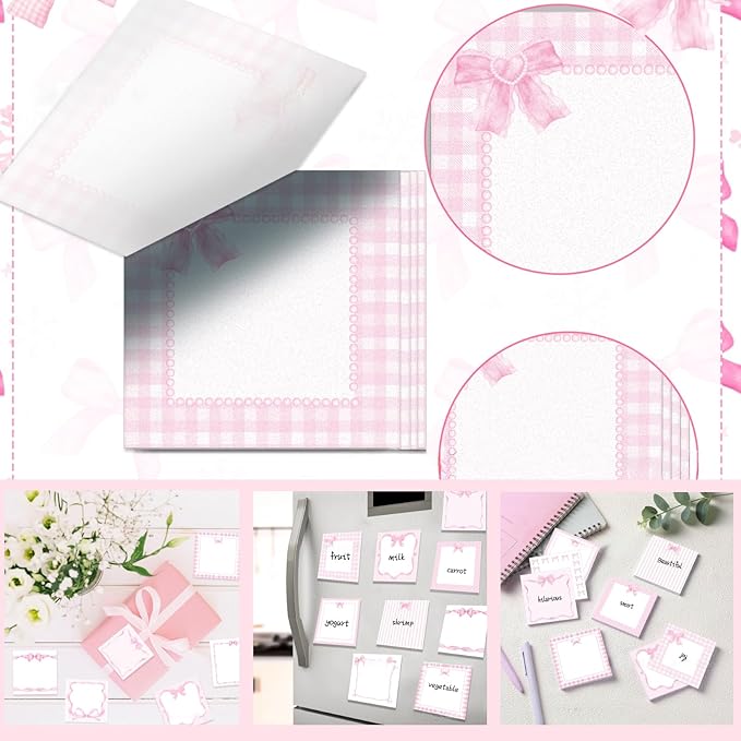 22 Pcs Cute Pink Bow Stuff,10 Pink Coquette Bow Pens and 12 Pads Bow Sticky Notes,Valentines Gifts,Black Ink Ballpoint Pens for Birthday Party Back to School Student Gift Women Office School Supplies