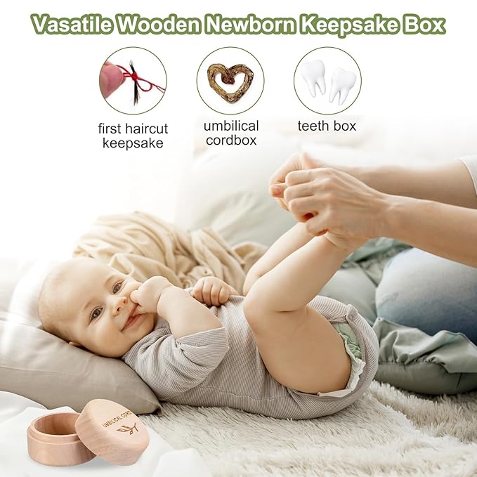 Umbilical Cord Memorial Box Engraved Wooden Round Newborn Wood Case Baby Keepsake Tooth Box Fetal Hair Memorial Storage Container Carved Baby Fetal Hair Case for Babys Shower Pregnancy Christen Gift