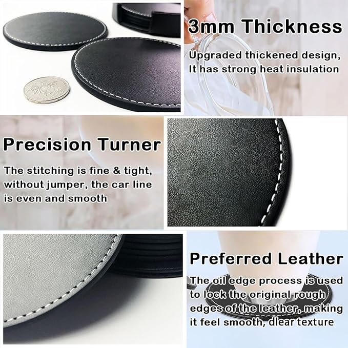 Custom Name Coasters, Personalized Set of 5 Leather Coaster with Holder Gift Box, Customize Split Letter Monogram, Non-Slip Heat Resistant Waterproof for Coffee Table Bar Beer Wine Cup Wedding Party