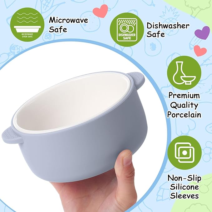 Domensi 2 Sets Kids Porcelain Bowls with Removable Silicone Sleeve 2-in-1 Porcelain Toddler Bowls Microwave Dishwasher Safe Cereal Snack Soup Dishes for Baby Children Feeding Supplies (Green Blue)