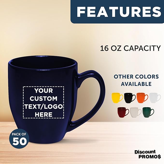 Custom Large Coffee Cups 16 oz. Set of 50, Personalized Bulk Pack - Perfect for Tea, Espresso, Cappuccino, Hot Cocoa - Blue