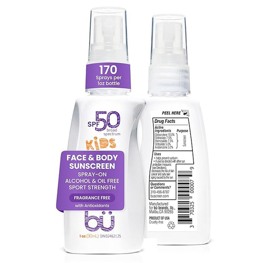 BU SPF 50 Kids Sunscreen Spray for Face and Body, Non Aerosol Spray, TSA Travel Size Sunscreen, Clear, Non Greasy, Water Resistant, Oil Free, Fragrance Free 1 oz