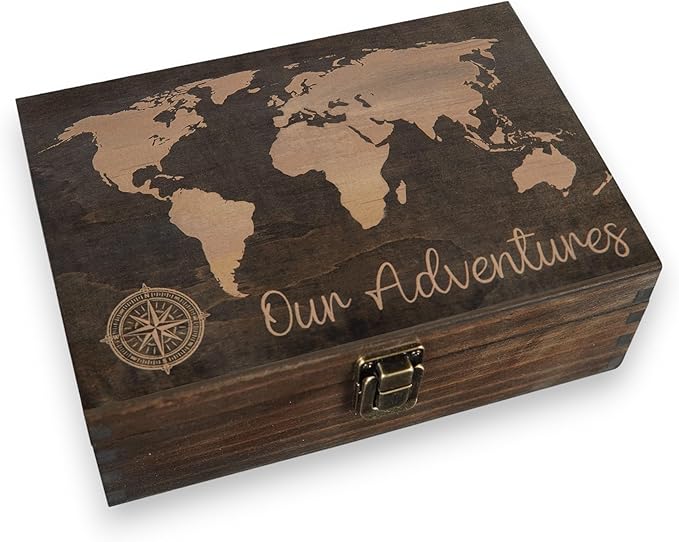 Engraved Adventure Memory Box – Wooden Keepsake Box for Travel, Camping, and Life Milestones – Medium Size – Dark Walnut Finish – 8.5 x 6 x 3 in