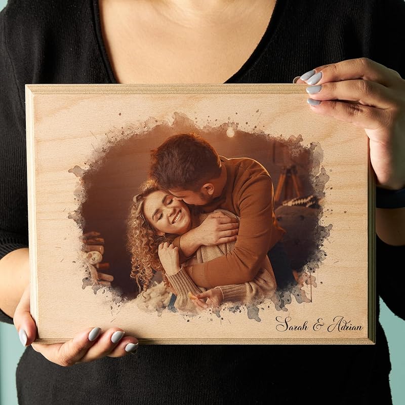 udelf Custom Photo on Wood with Text Personalization, Engraved Photo with Watercolor Style, Rustic Cottage Wall Art