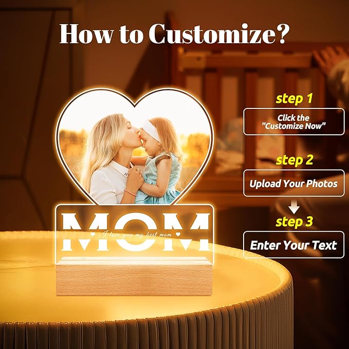 Personalized Gifts for Mom from Daughter and Son, Custom Picture Frames with Photo, Custom Photo Frame with Night Light, Customized Picture Frame, Personalized Christmas Birthday Gifts for Mom