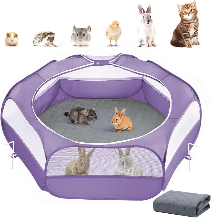 Pawaboo 2-in-1 Small Animals Playpen with Pad, Purple+Gray | Waterproof, Reusable Pad, Portable Outdoor Yard Fence with 3 Metal Rod, For Chick/Kitten/Guinea Pig/Rabbits/Chinchillas