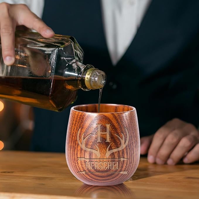 Personalized Wooden Whiskey Glass Custom Engraved Bourbon Glasses Gifts for Men, Dad, Husband, Brother